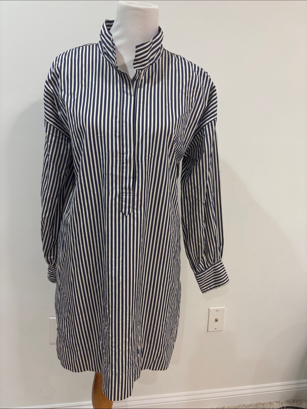 ANN MASHBURN Navy and White Vertical Stripe Casual Button-Down shirt dress